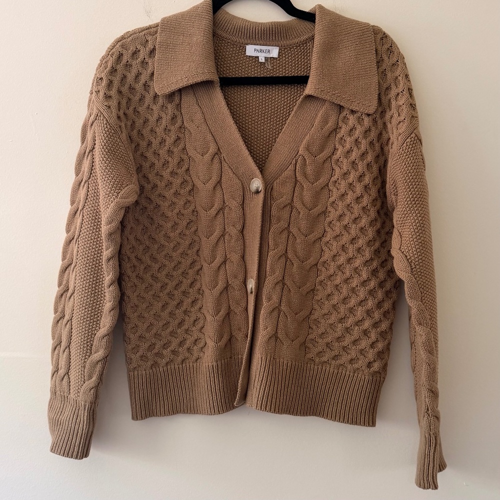 Parker Cable Mix Knit Cotton Collared Button front Grandpa Cardigan Taupe NWOT
